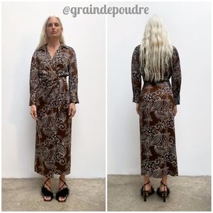 Rare! Zara Brown Printed Satin Wrap Pareo Midi Dress S